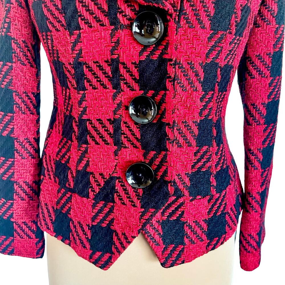 Coldwater Creek Red Black Tartan Plaid Tweed Blazer Size 6P Academia Career - Picture 5 of 12